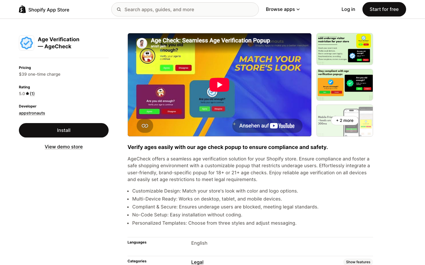 Screenshot einer Altersverifikations-App im Shopify App Store
