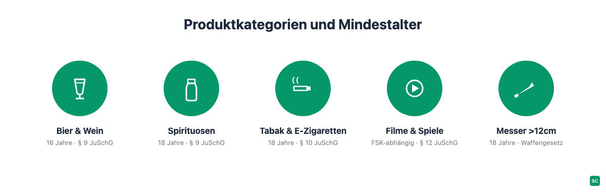 Infografik Altersverifikation Shop: Produktkategorien mit Mindestalter nach JuSchG