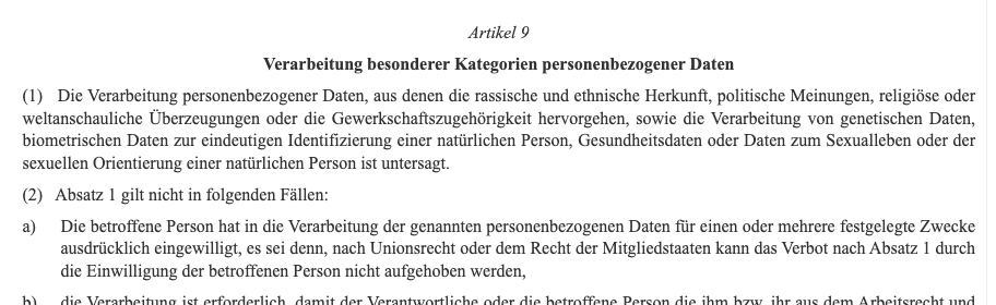 Amtlicher Gesetzestext von Art. 9 DSGVO auf EUR-Lex mit Absatz 1 und den Ausnahmen nach Absatz 2