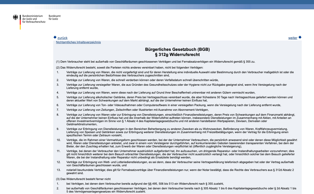 § 312g BGB Widerrufsrecht im amtlichen Gesetzestext auf gesetze-im-internet.de