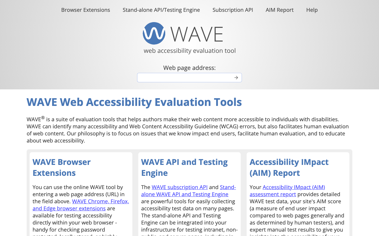 Screenshot des WAVE Web Accessibility Evaluation Tools (wave.webaim.org) – kostenloses Tool für Barrierefreiheits-Audits