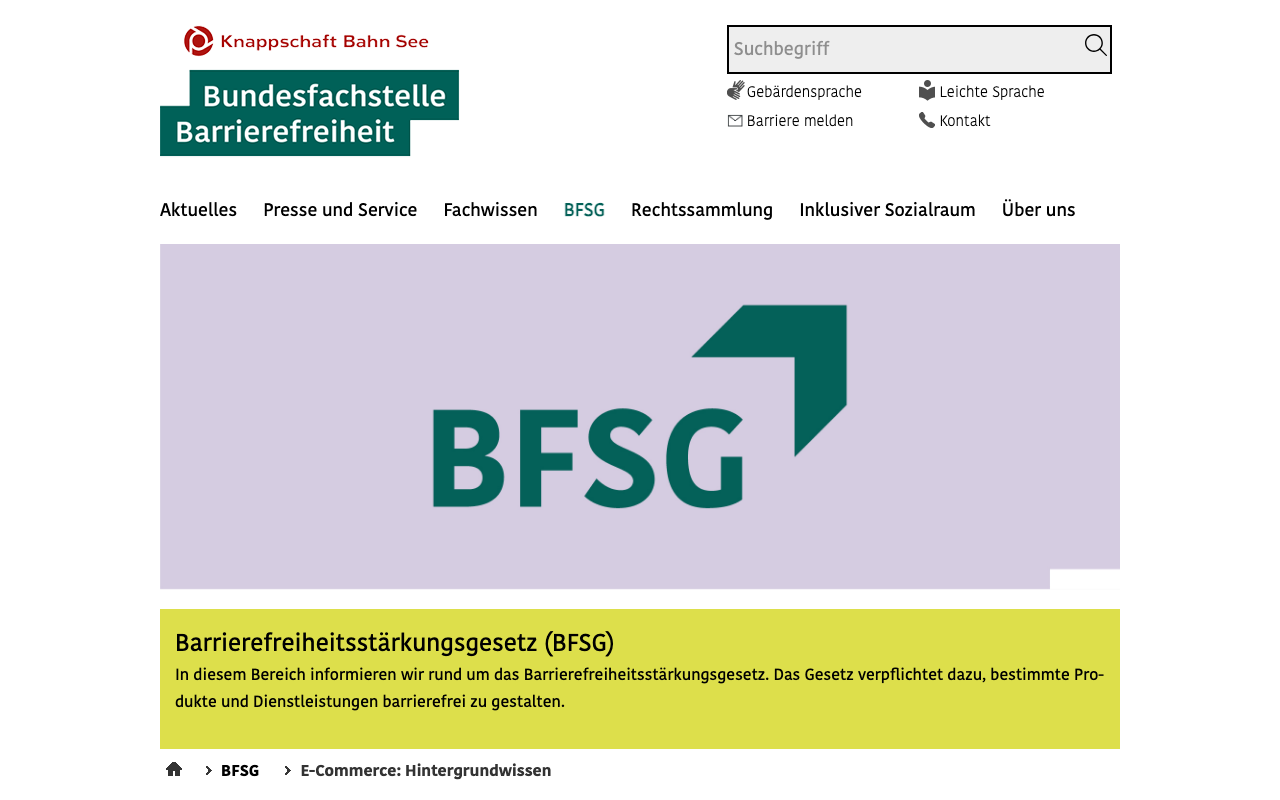 Screenshot der Bundesfachstelle Barrierefreiheit – offizielle BFSG-Informationsseite für E-Commerce-Betreiber
