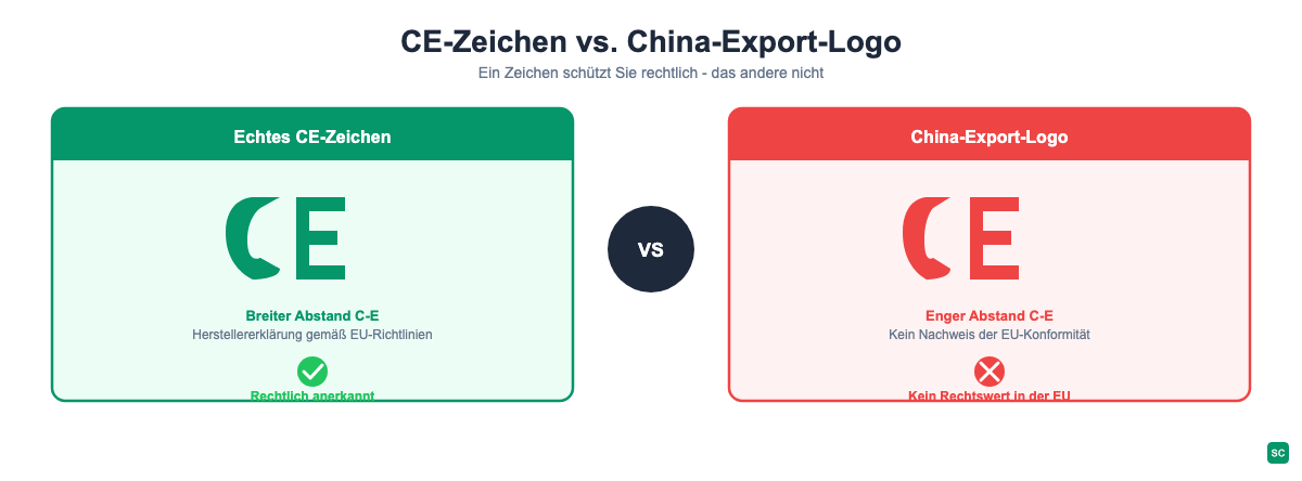 Links das echte CE-Zeichen (breiter C-Abstand), rechts das irreführende China-Export-Logo - kein Nachweis der EU-Konformität.