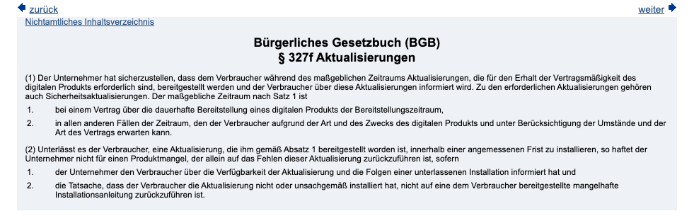 Screenshot des Gesetzestexts zu § 327f BGB Aktualisierungspflicht auf gesetze-im-internet.de