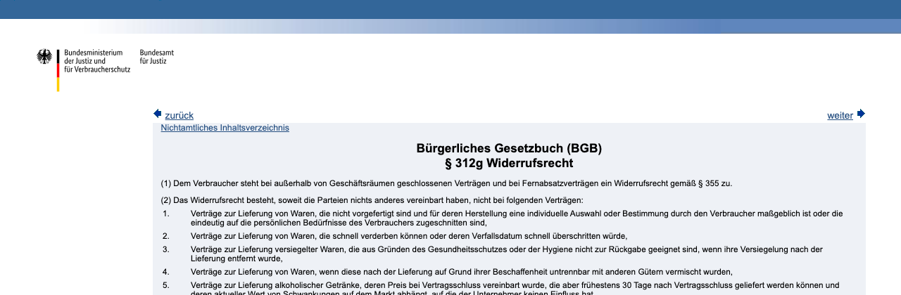 Ausschnitt aus dem Gesetzestext von Paragraf 312g BGB zum Widerrufsrecht auf gesetze-im-internet.de