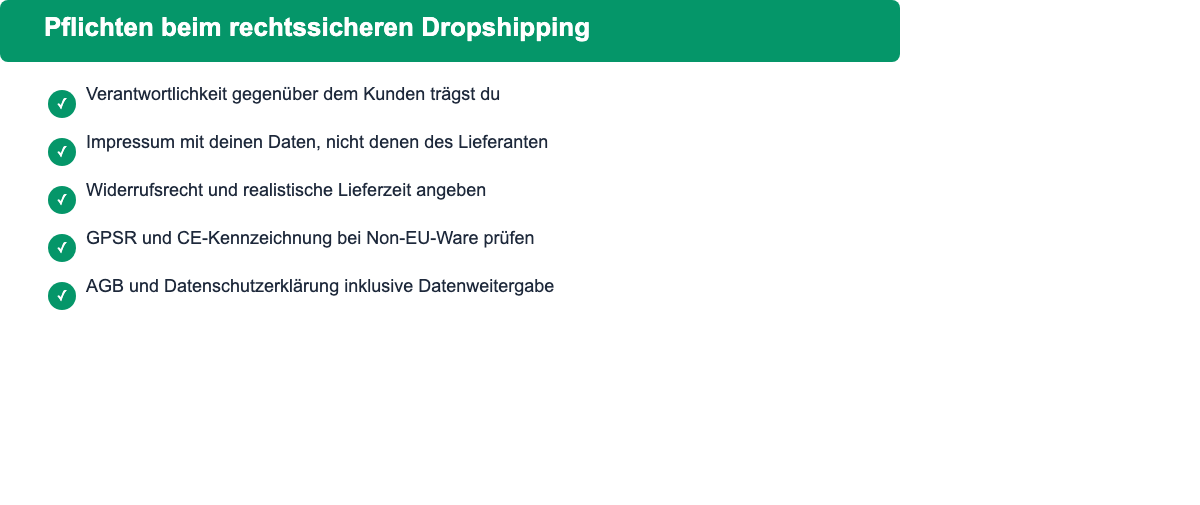 Pflichten beim rechtssicheren Dropshipping auf einen Blick: Verantwortlichkeit, Impressum, Widerrufsrecht, GPSR und AGB