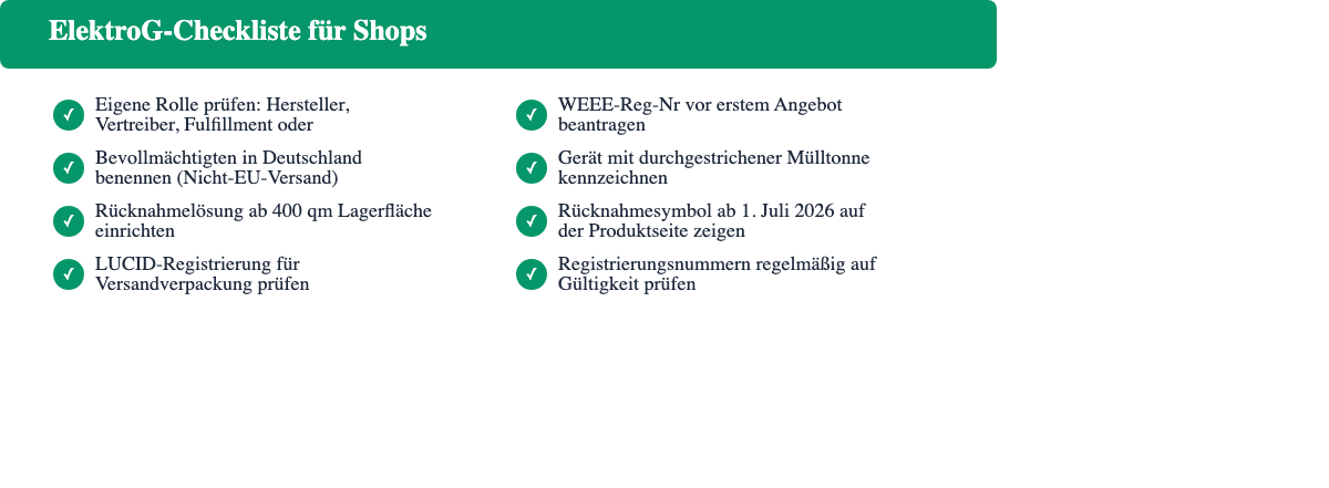 ElektroG-Compliance-Checkliste für Online-Händler mit acht Pflichtpunkten