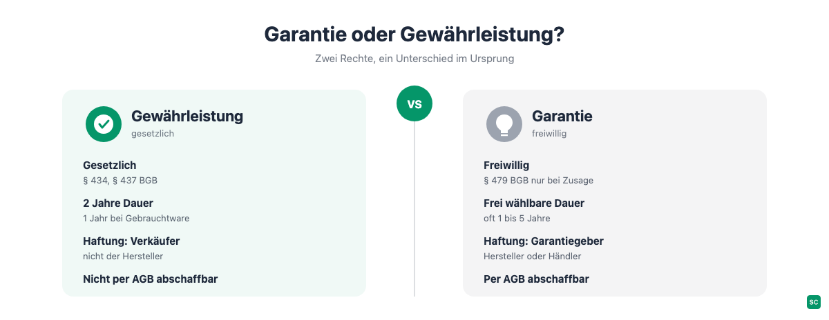 Vergleichstabelle Garantie und Gewährleistung im Online-Shop