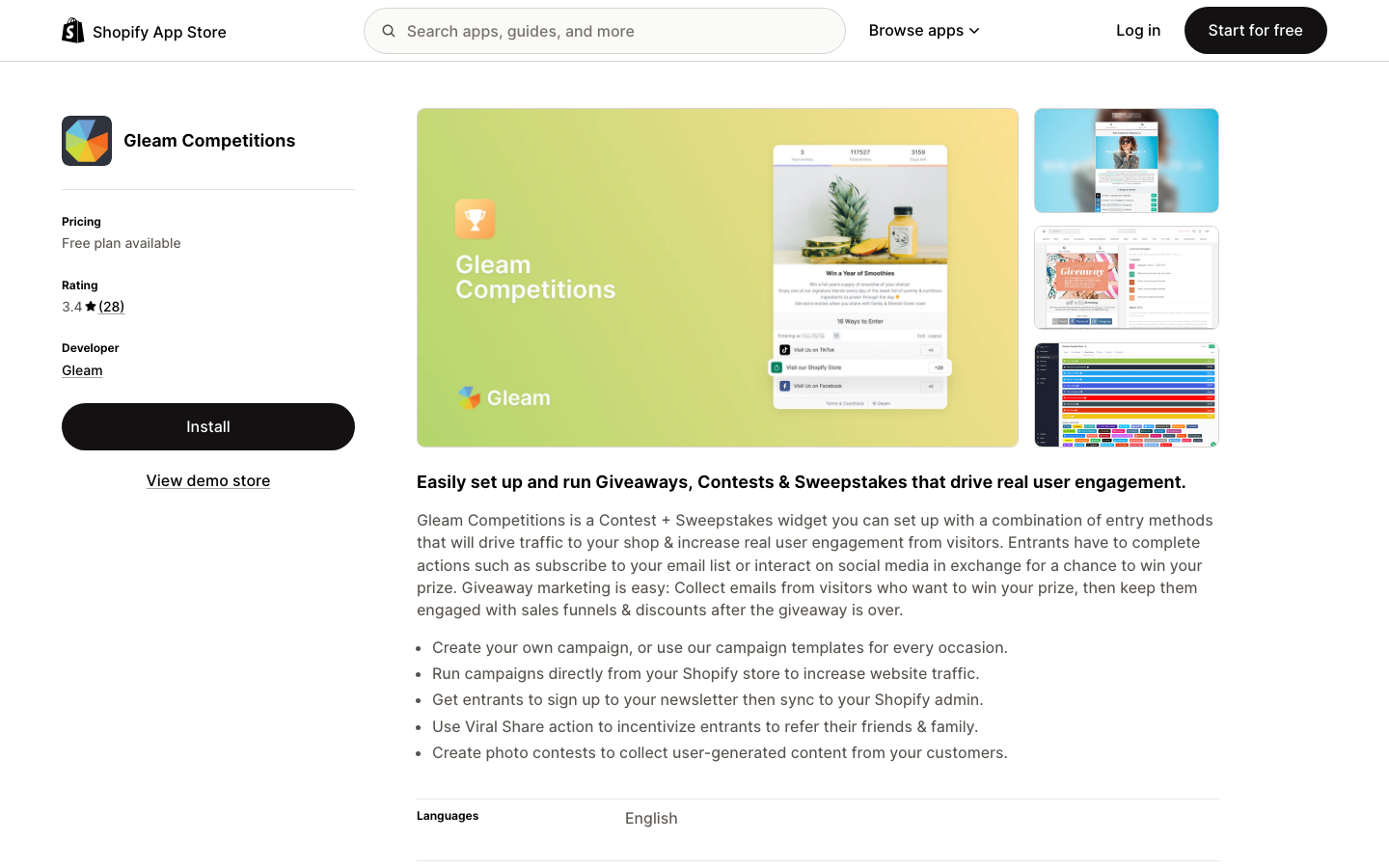Gleam Competitions im Shopify App Store: App für Gewinnspiele und Wettbewerbe ohne Theme-Code