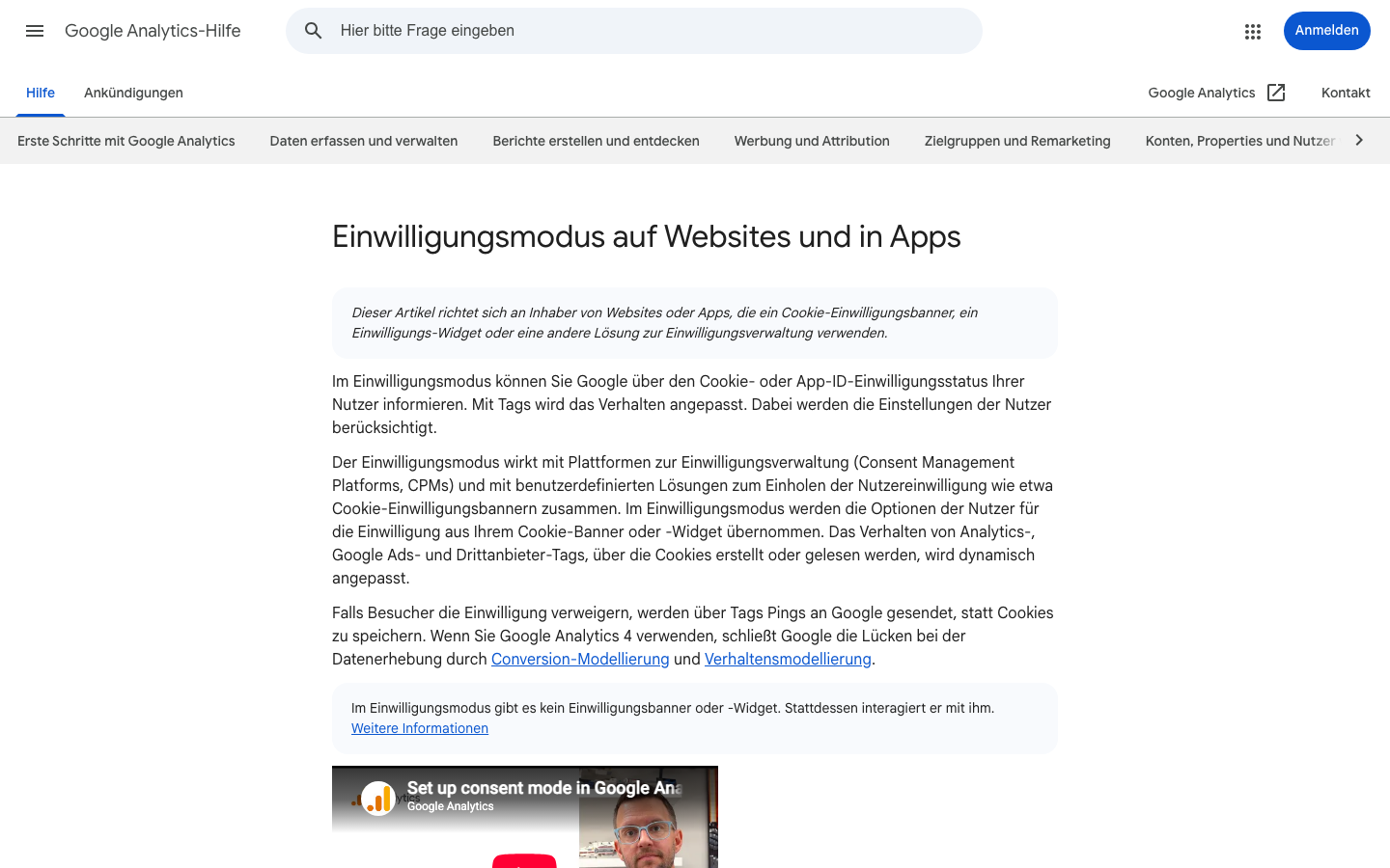 Offizielle Google-Hilfeseite zum Einwilligungsmodus (Consent Mode) für Google Analytics