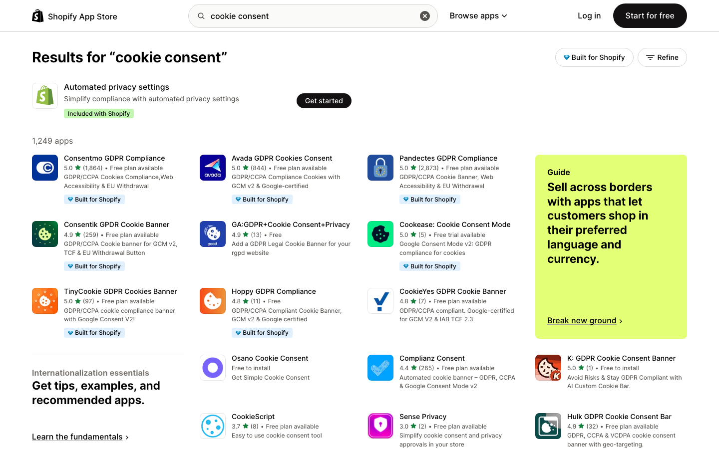 Suchergebnisse im Shopify App Store für Cookie-Consent- und GDPR-Compliance-Apps
