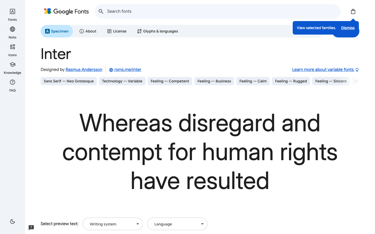 Google Fonts Website mit der Schriftfamilie Inter, von der die Schriftdateien für die lokale Einbindung heruntergeladen werden