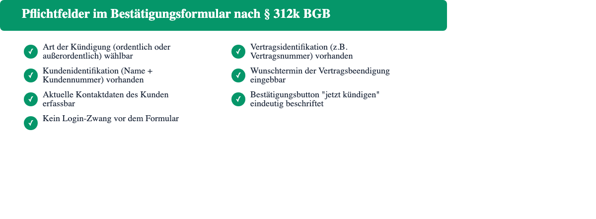 Checkliste: Pflichtfelder im Kündigungsformular nach § 312k BGB