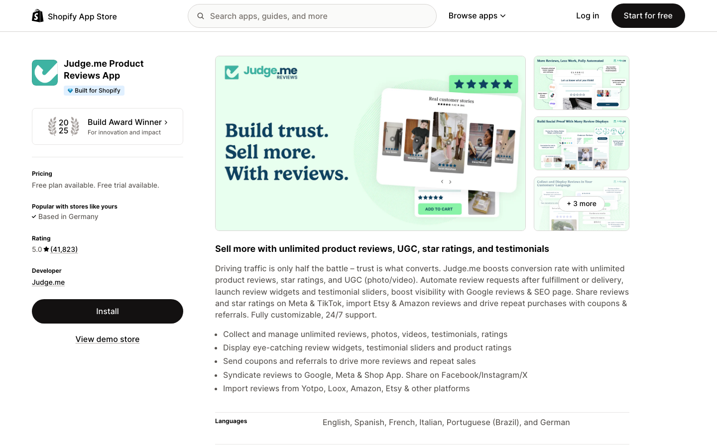 Screenshot der Judge.me App im Shopify App Store mit Käuferverifizierung für Kundenbewertungen