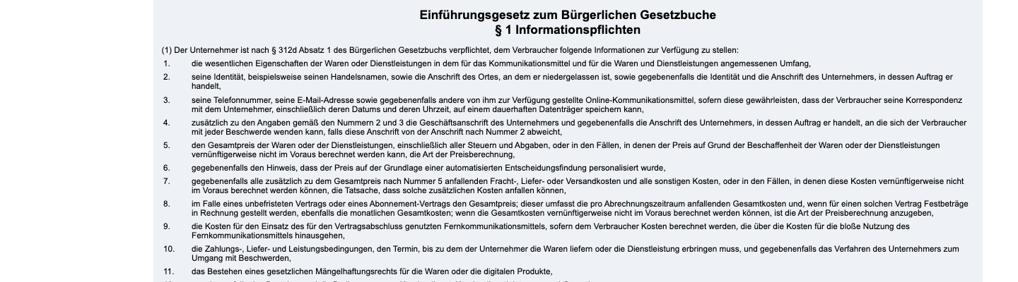 Gesetzestext von Art. 246a EGBGB mit den Pflichtangaben zu Gesamtpreis, Versandkosten und Liefertermin