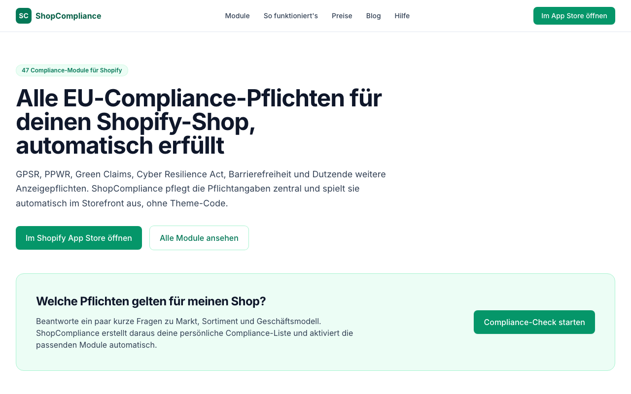 Shopify Produkt-Editor mit LMIV-Informationsblock in der Produktbeschreibung: Zutaten, Allergene, Hersteller und Nährwerttabelle direkt im Beschreibungsfeld vor dem Warenkorb-Button