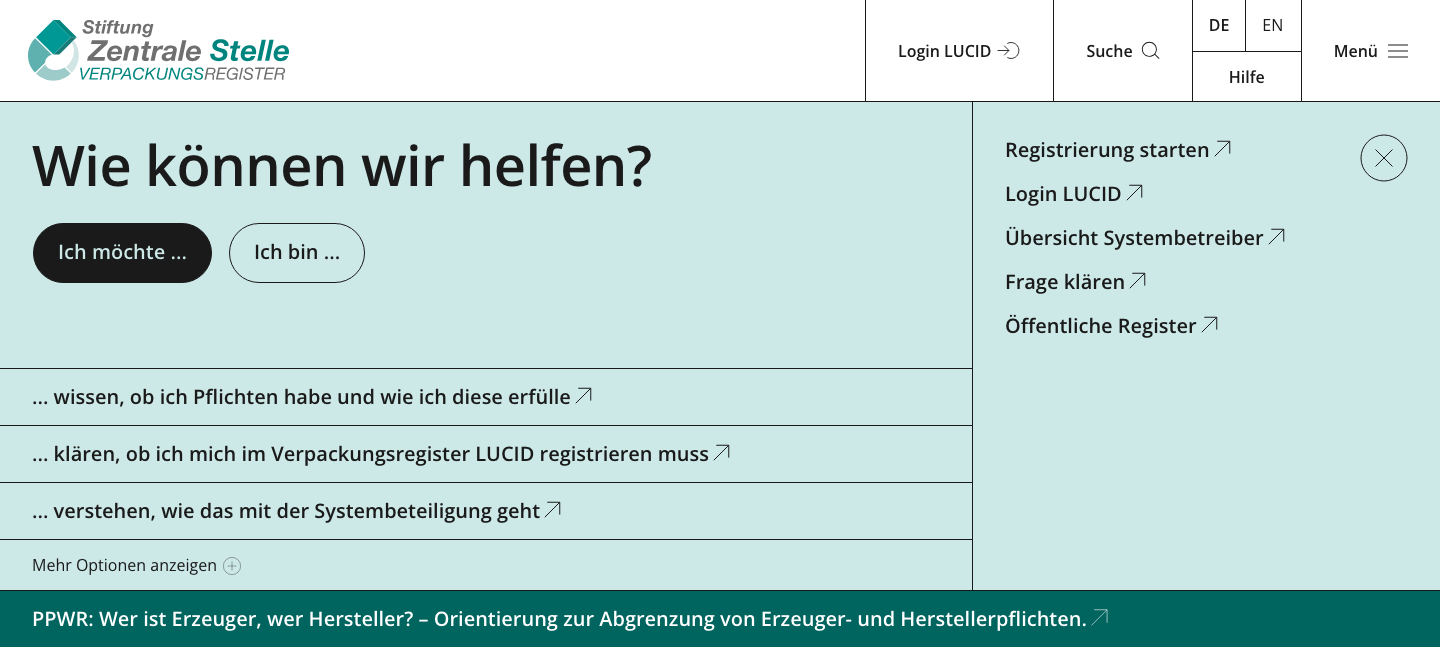Startseite des LUCID Verpackungsregisters mit Registrierungsoptionen und Übersicht der Pflichten