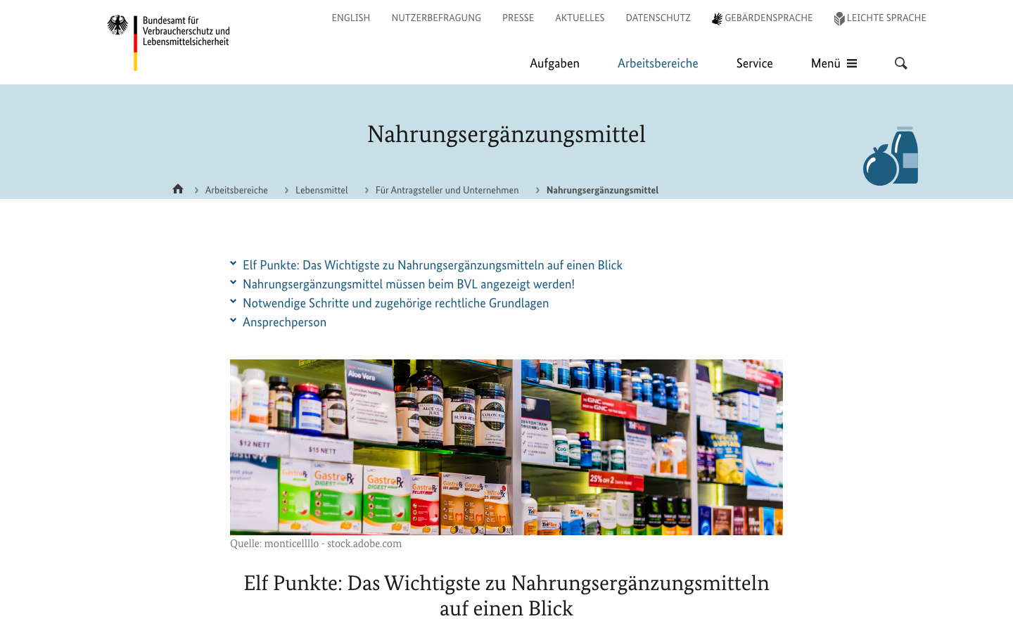 Offizielle Seite des BVL zur Anzeigepflicht für Nahrungsergänzungsmittel
