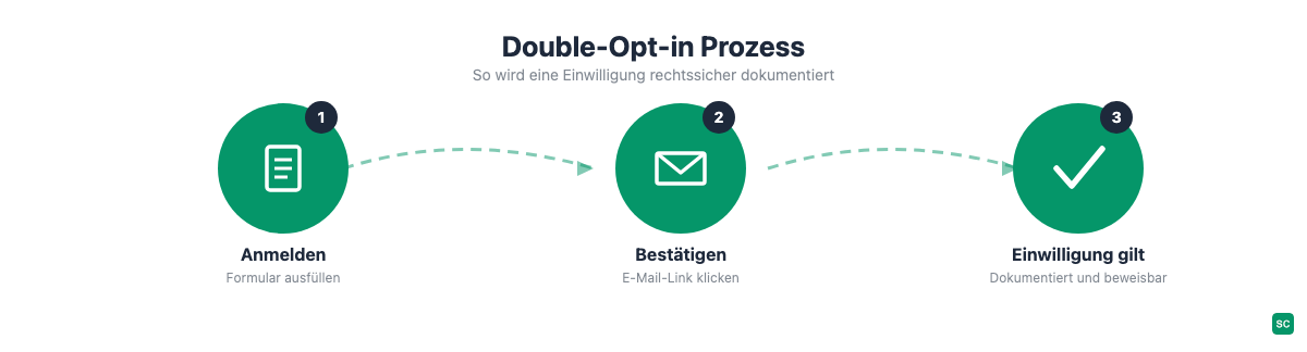 Der Double-Opt-in Prozess in drei Schritten: Anmelden, Bestätigen, Einwilligung gilt