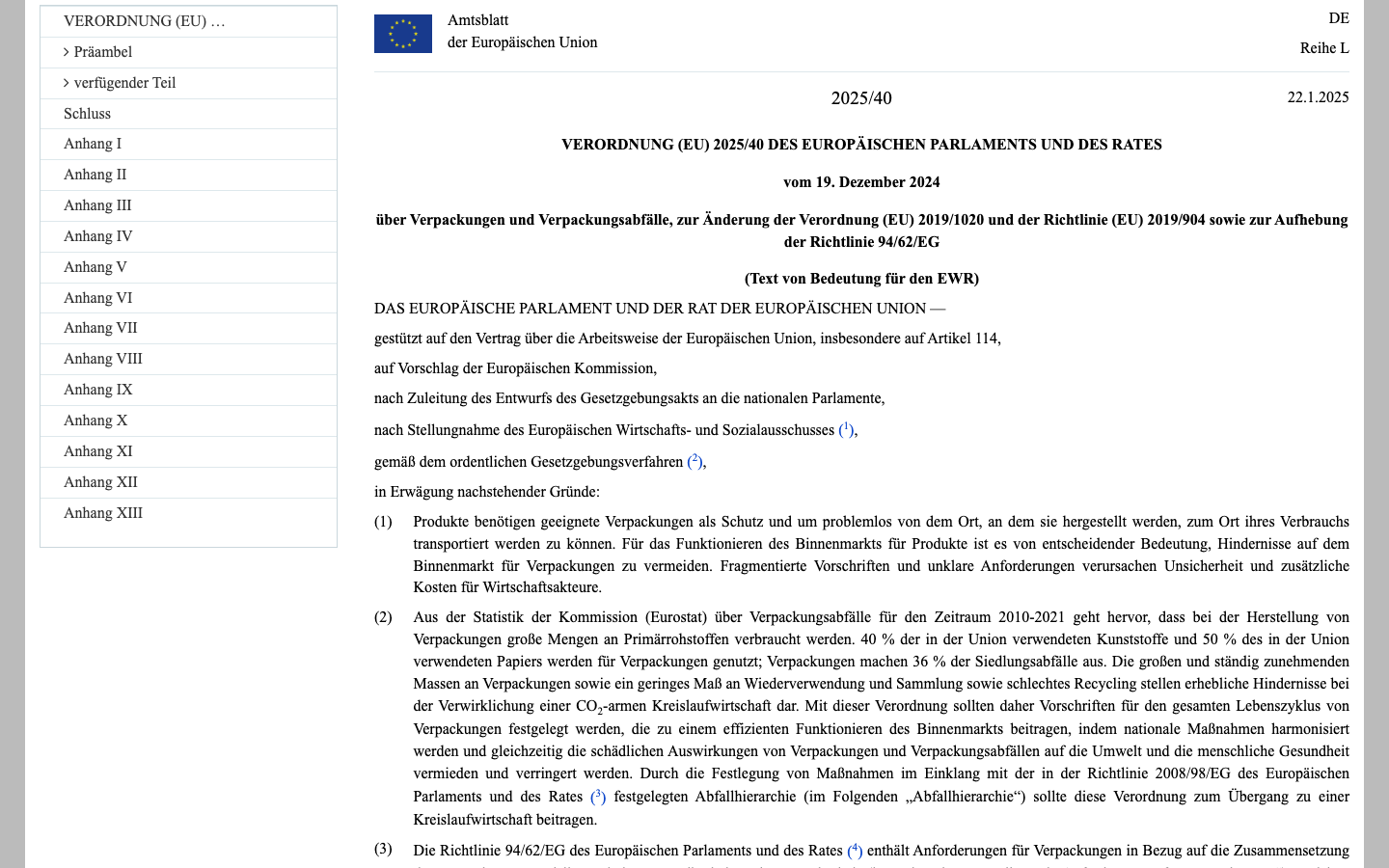 Screenshot des Amtsblatts der EU zur Verordnung (EU) 2025/40 über Verpackungen und Verpackungsabfälle bei EUR-Lex