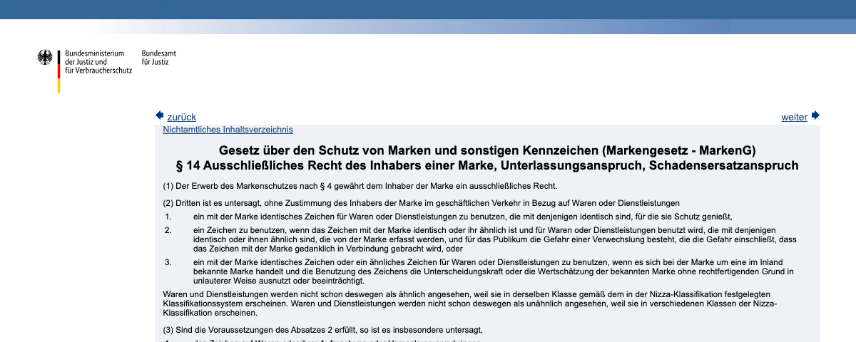 Ausschnitt aus dem Gesetzestext von Paragraf 14 Markengesetz zum ausschließlichen Recht des Markeninhabers auf gesetze-im-internet.de