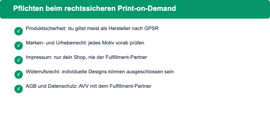 Pflichten beim rechtssicheren Print-on-Demand auf einen Blick: Produktsicherheit, Marken- und Urheberrecht, Impressum, Widerrufsrecht und AGB