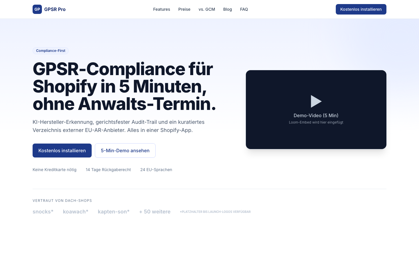 gpsrpro.com Startseite für automatisierte GPSR-Compliance bei Shopify-Shops