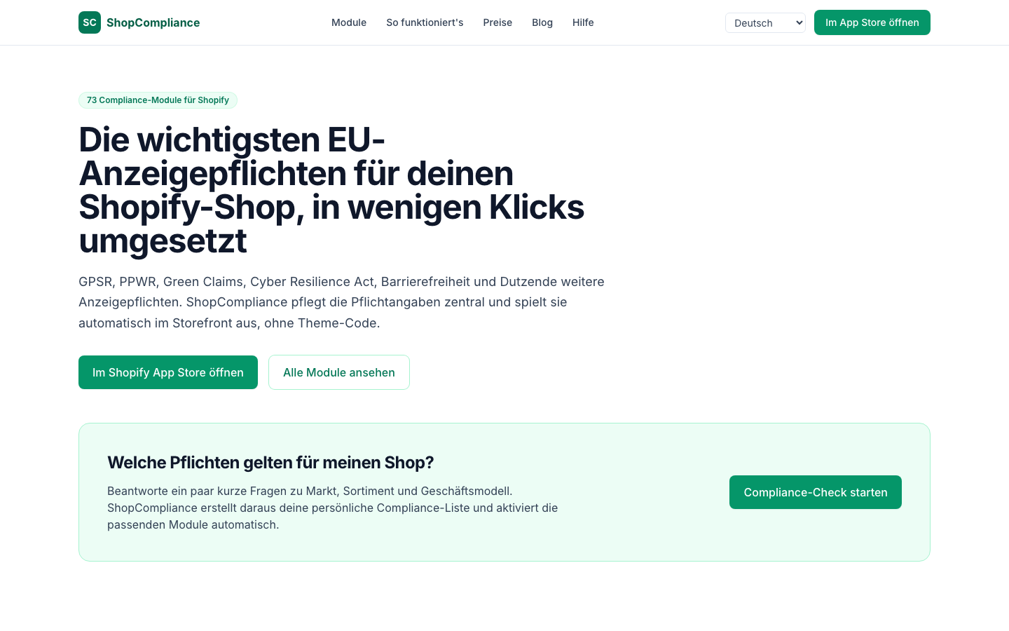 ShopCompliance Startseite zur automatisierten Anzeige von Pflichtangaben im Shopify-Storefront