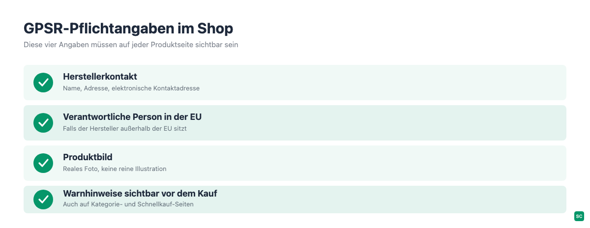 GPSR-Pflichtangaben im Shop: Herstellerkontakt, verantwortliche Person in der EU, Produktbild und Warnhinweise