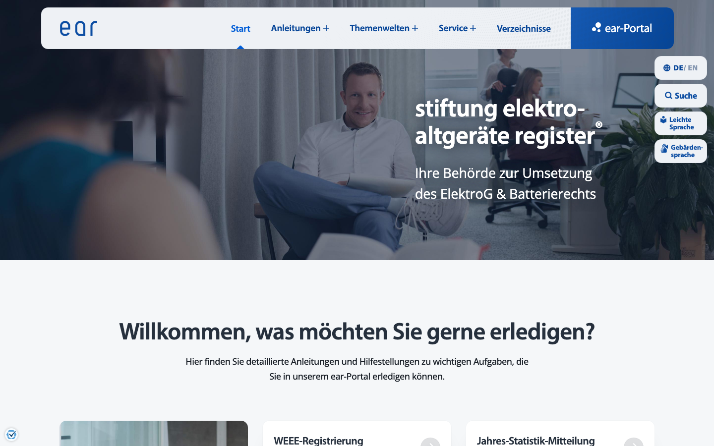 Startseite der Stiftung EAR mit Navigation zu WEEE-Registrierung und ear-Portal