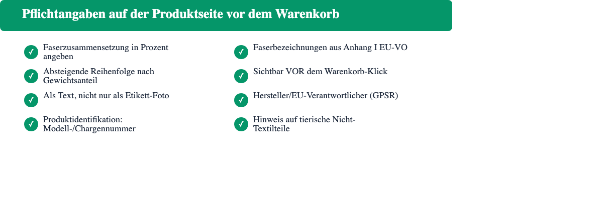 Pflichtangaben zur Textilkennzeichnung auf der Produktseite: Faserzusammensetzung, Faserbezeichnung, Reihenfolge, Sichtbarkeit vor Warenkorb, Hersteller (GPSR), Produktidentifikation, Hinweis tierische Teile