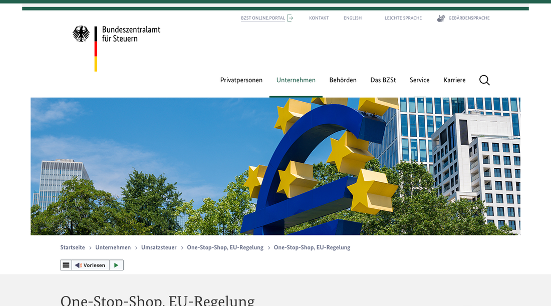 Screenshot der offiziellen BZSt-Informationsseite zum One-Stop-Shop-Verfahren für die EU-Regelung