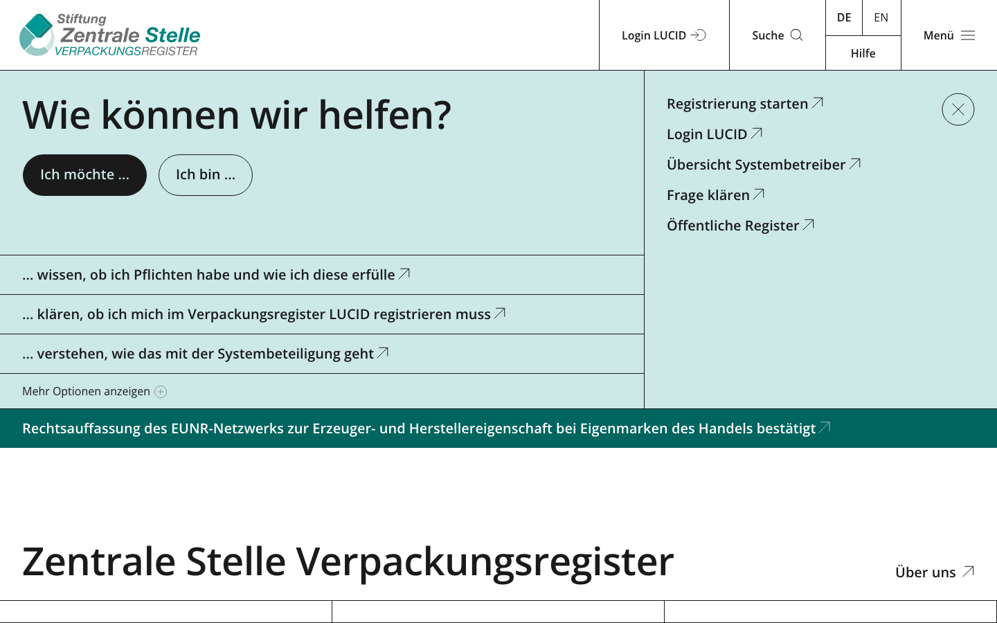 Das Portal der Zentralen Stelle Verpackungsregister (ZSVR), über das du Pflichten klärst und die LUCID-Registrierung startest