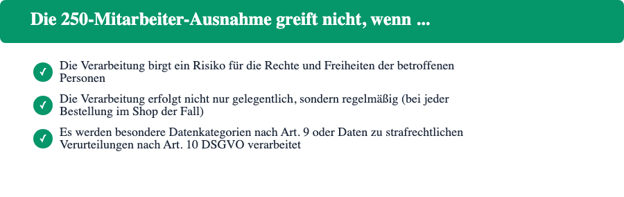 Die drei Bedingungen, unter denen die 250-Mitarbeiter-Ausnahme für ein Verzeichnis von Verarbeitungstätigkeiten nicht greift