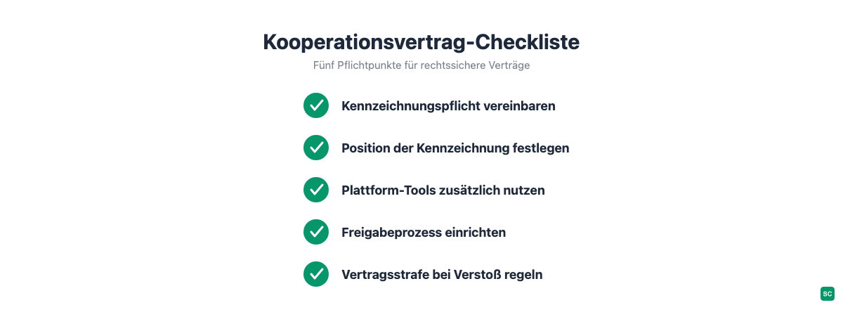 Checkliste mit fünf Pflichtpunkten für Kooperationsverträge mit Influencern