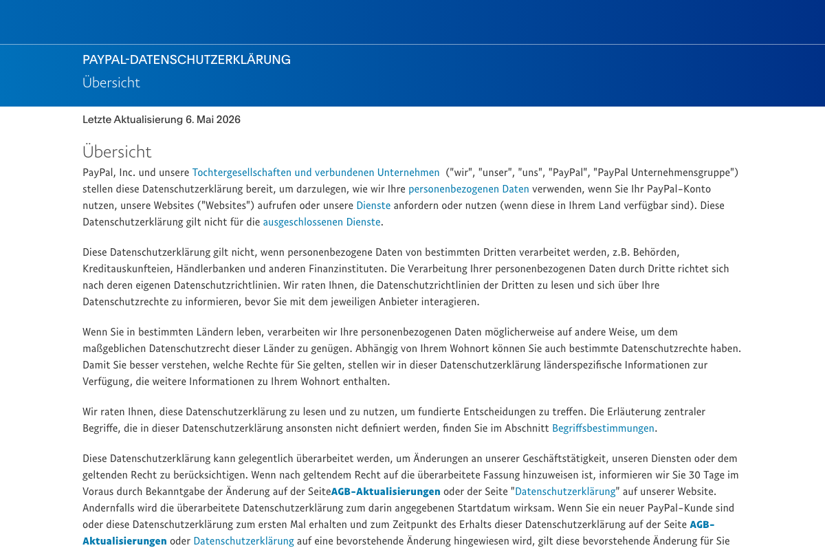 Screenshot der PayPal Datenschutzerklärung auf Deutsch für Onlinehändler